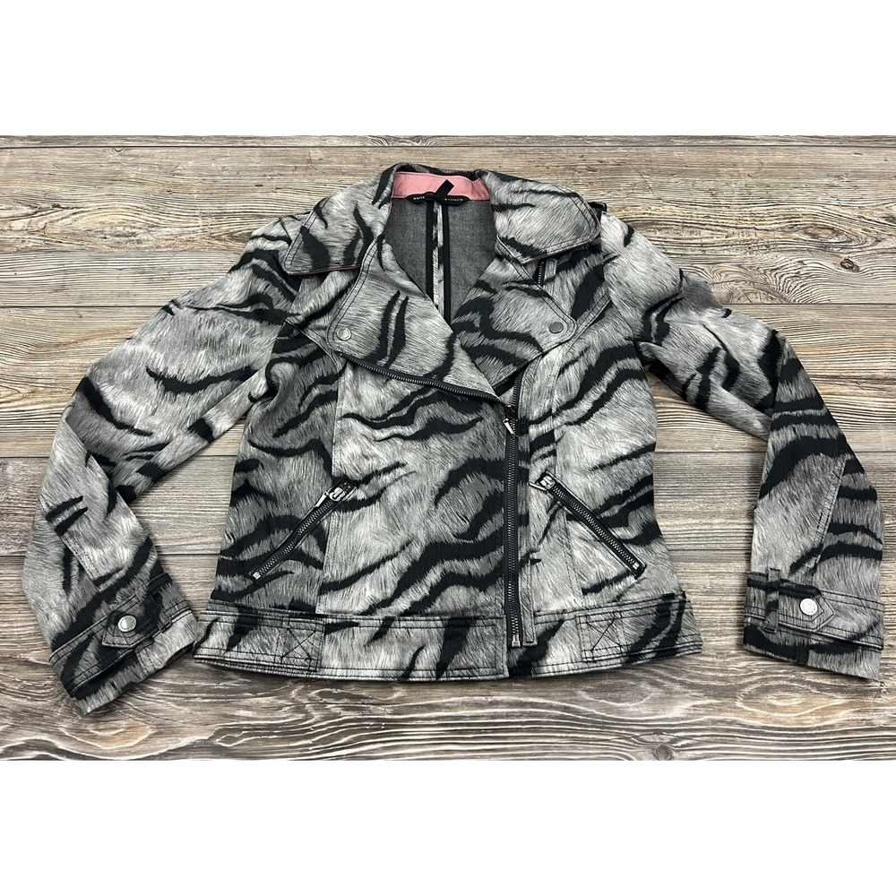 White House Black Market Moto Jacket Sz. 4 Gray Black Animal Print Fullā Zip